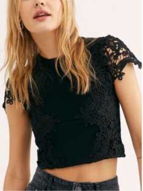 Free People Black Floral Lace Short Sleeve Top